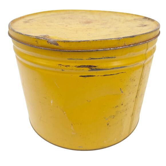 vintage yellow large metal storage can & removable lid 9.25